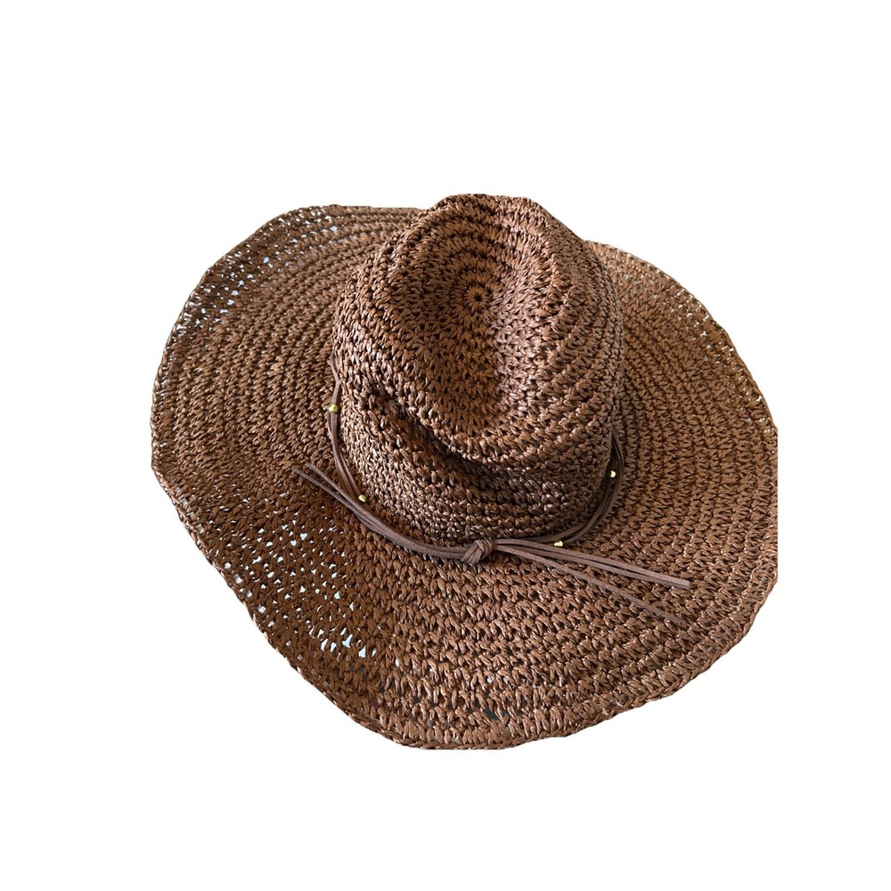 Scala Womens Brown Woven Paper Straw Sun Hat Beaded Cord Wide Brim One Size